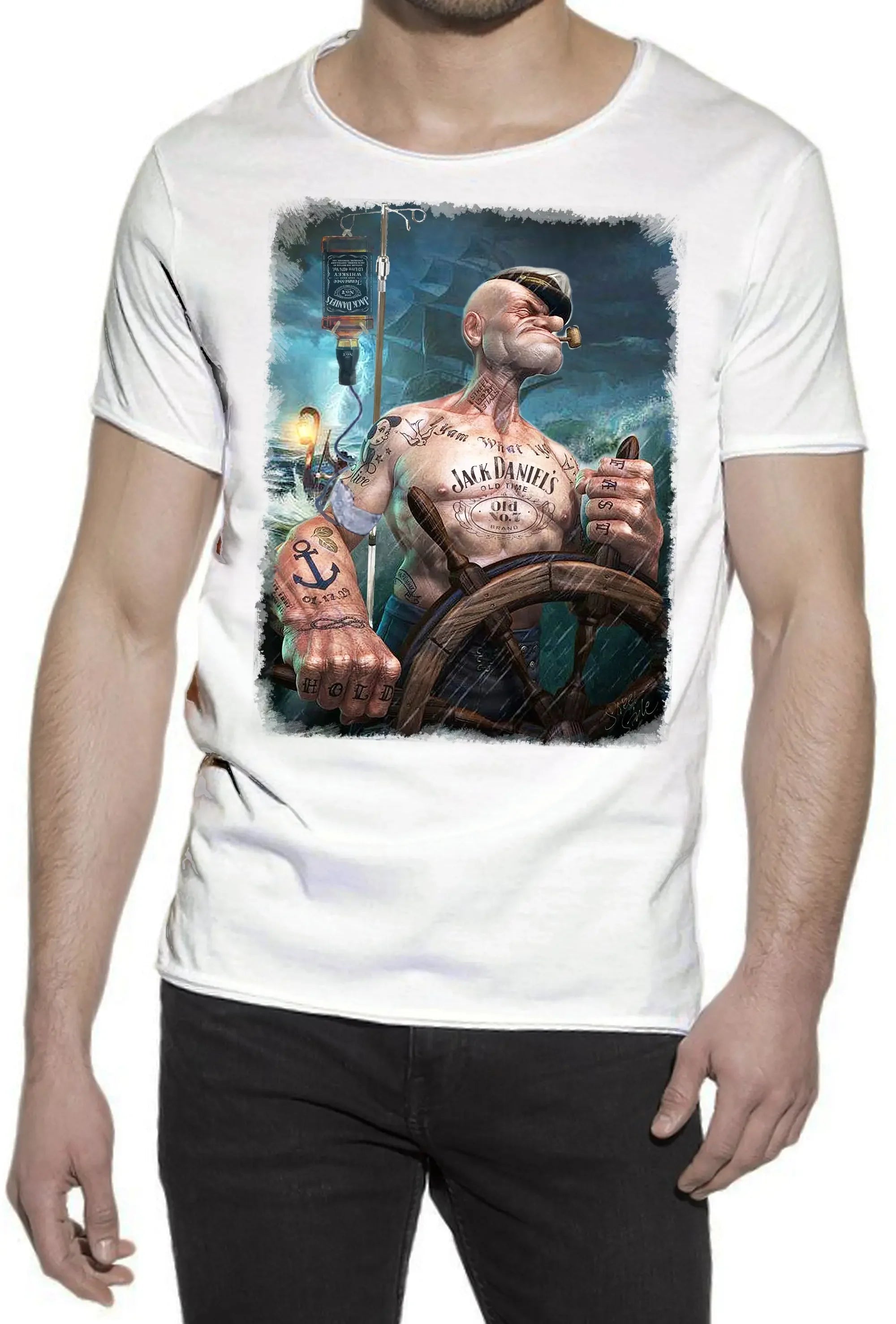 T-shirt Popeye Jack Daniels uomo con grafica di Popeye al timone in cotone fiammato