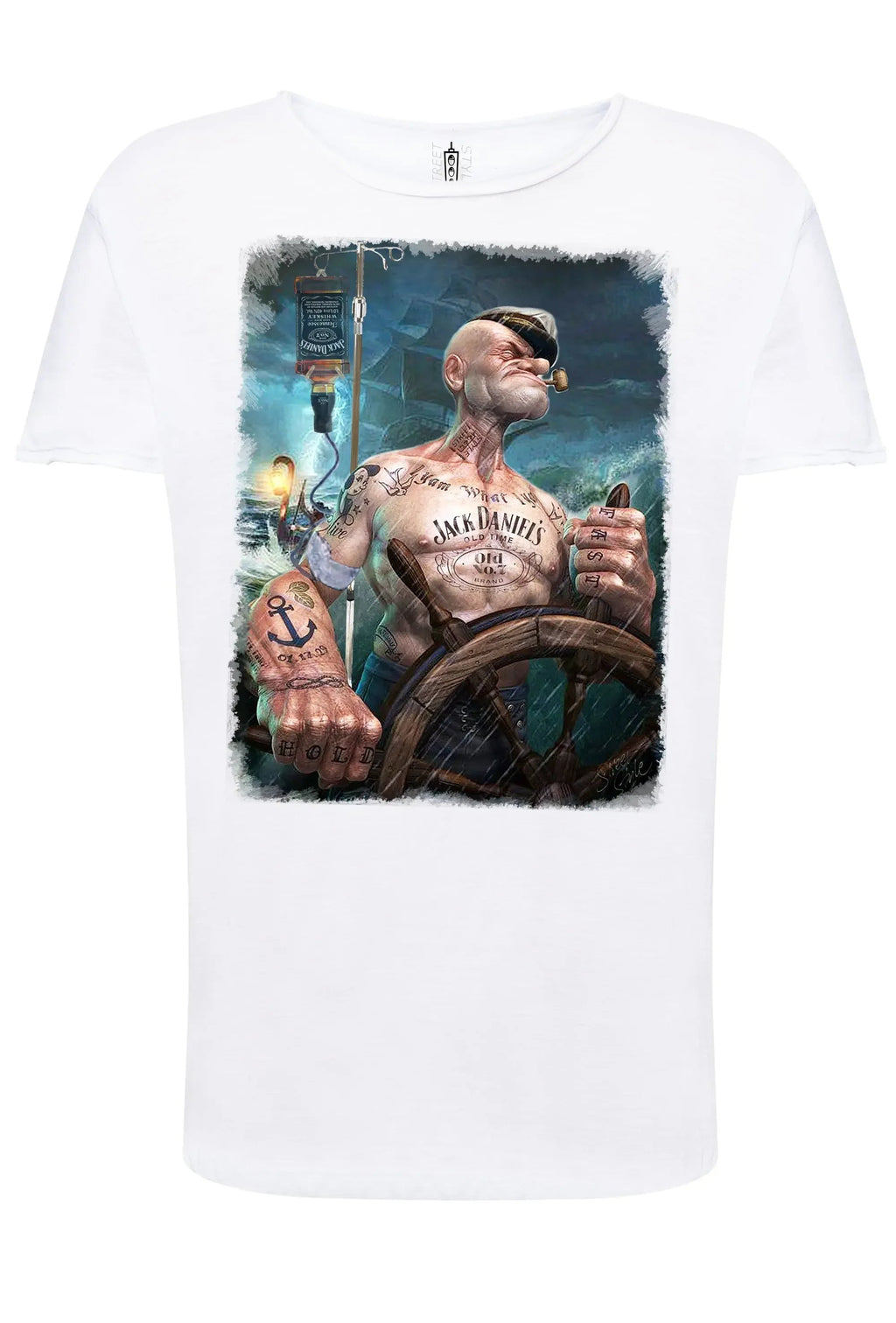 T-shirt Popeye Jack Daniels uomo con design esclusivo e grafica d'impatto su fondo bianco