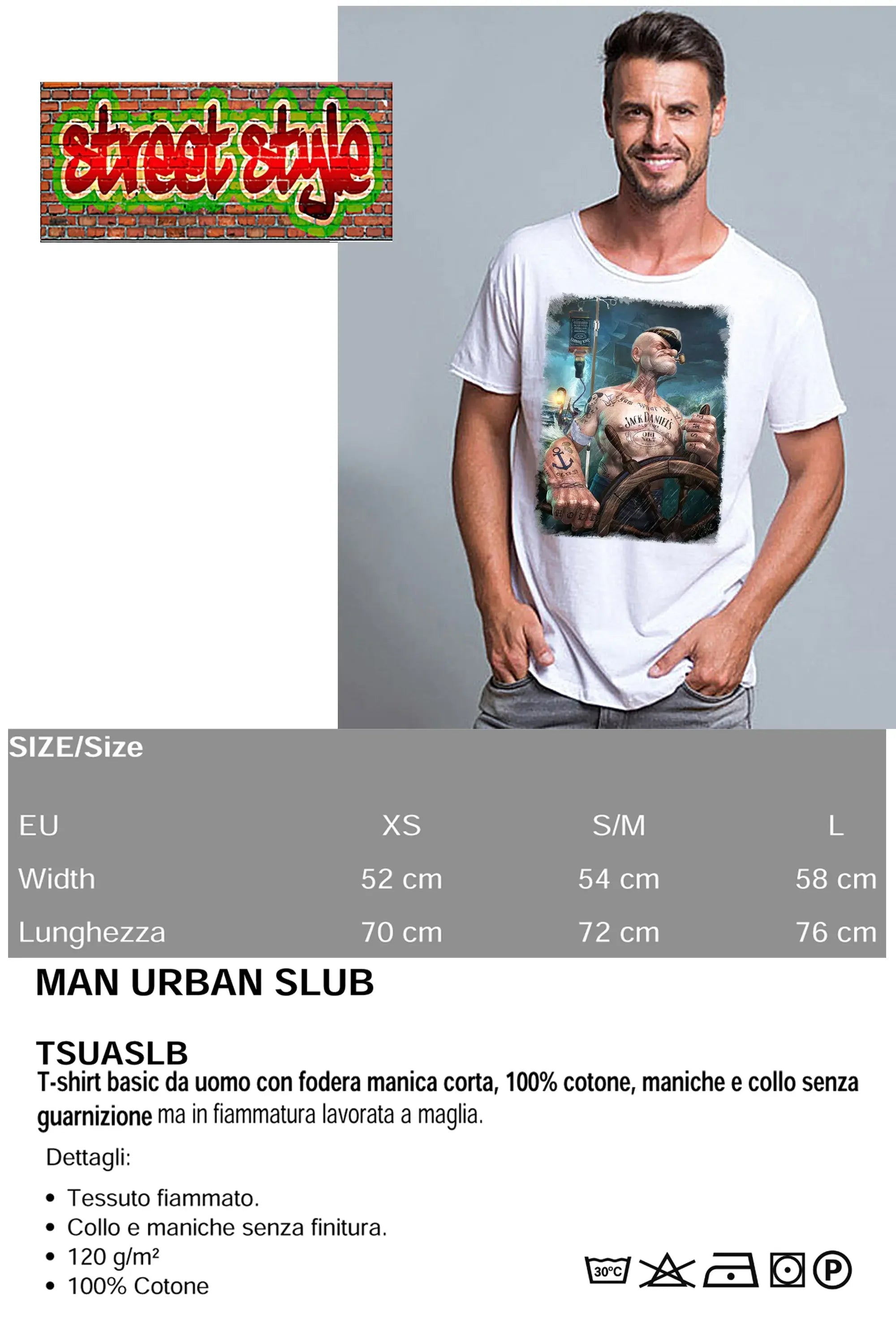 T-shirt Popeye Jack Daniels uomo con design grafiche impattanti e comfort eco-sostenibile.