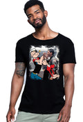 T-shirt uomo Popeye & Olivia con grafica colorata su sfondo nero, in cotone bio per uno stile street.