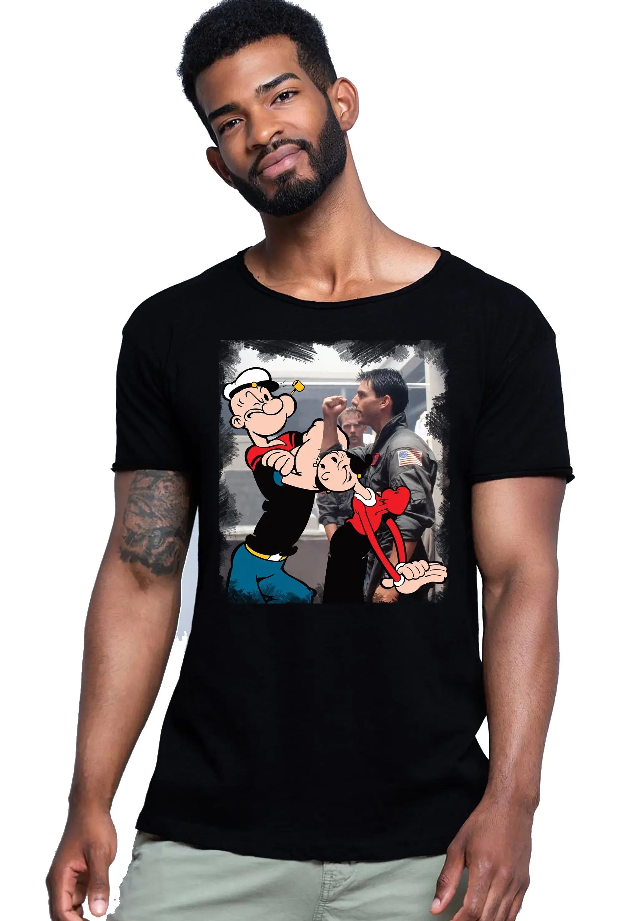 T-shirt uomo Popeye & Olivia con grafica colorata su sfondo nero, in cotone bio per uno stile street.