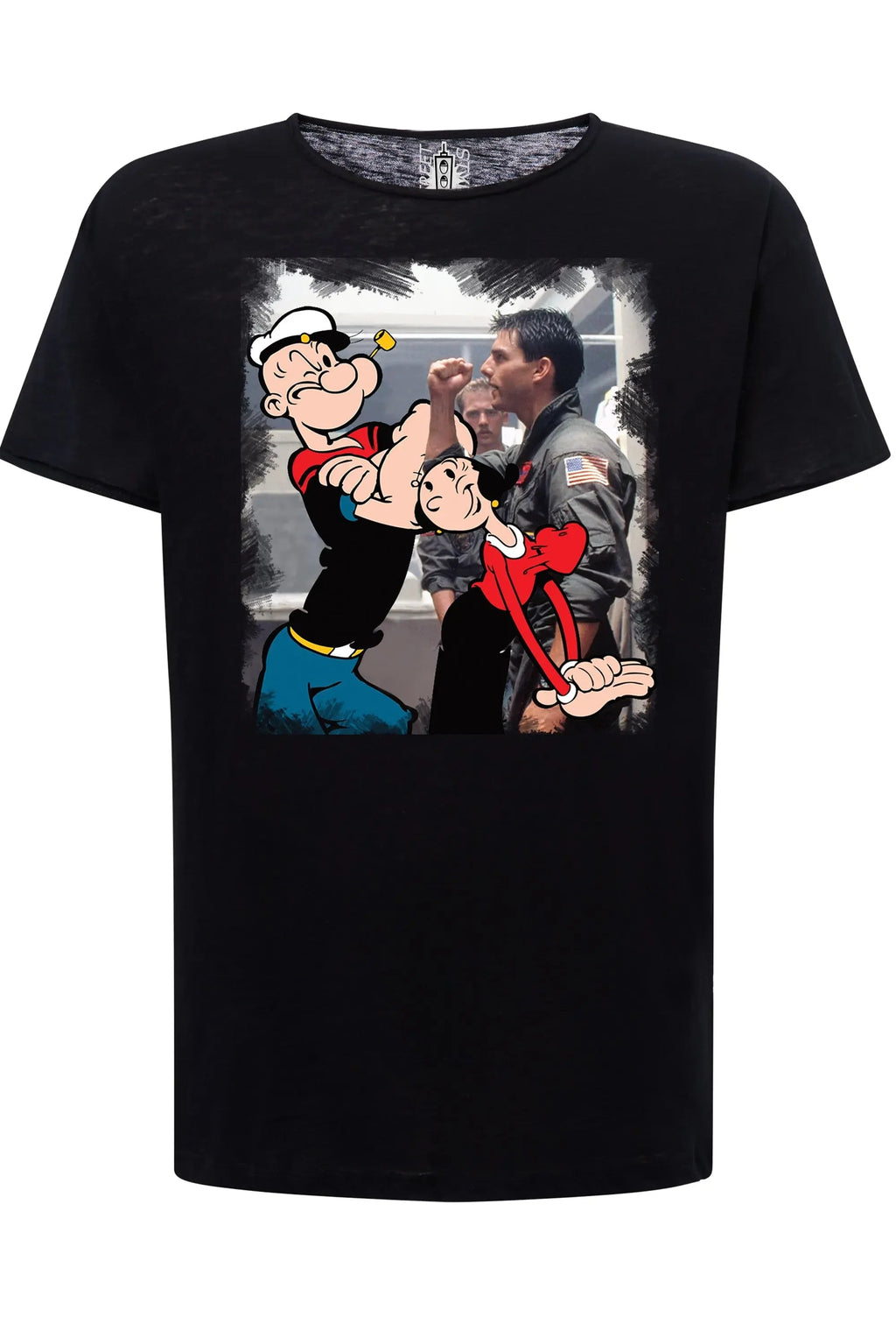T-shirt uomo popeye olivia con grafica di Popeye e Olivia su fondo nero, realizzata in cotone bio.
