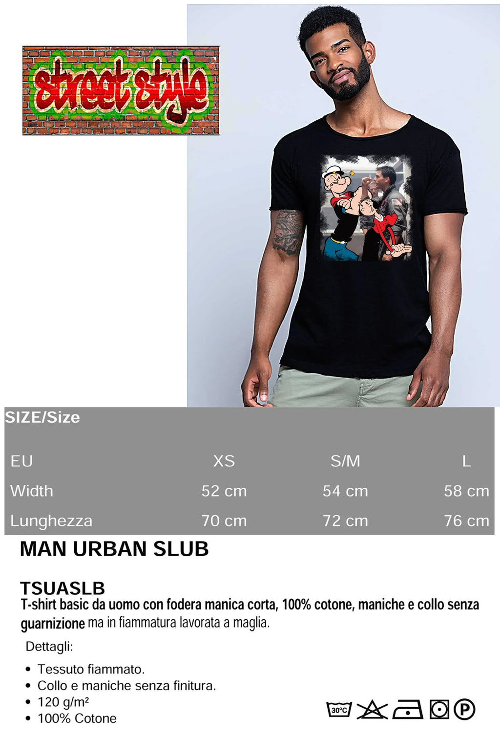 T-shirt uomo popeye olivia, cotone bio, stile street, grafica d'impatto, comfort quotidiano.