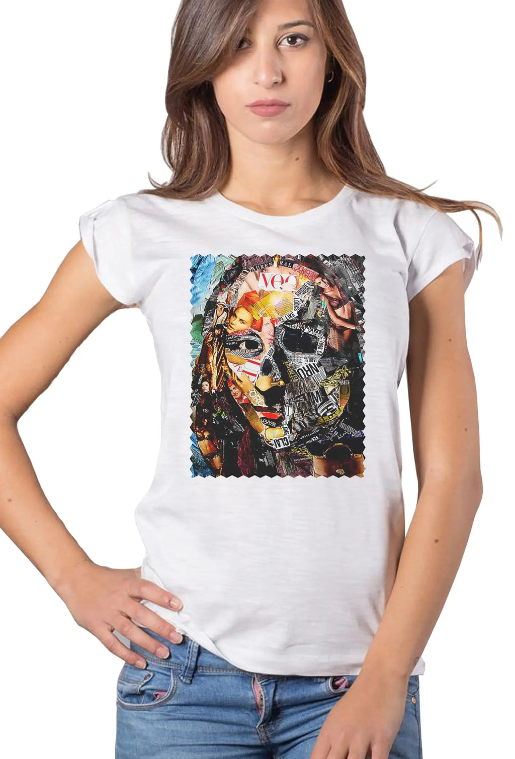 T-shirt Donna cotone biologico bianca con stampa artistica esclusiva in alta definizione.