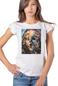 T-shirt Donna cotone biologico bianca con stampa artistica esclusiva in alta definizione.