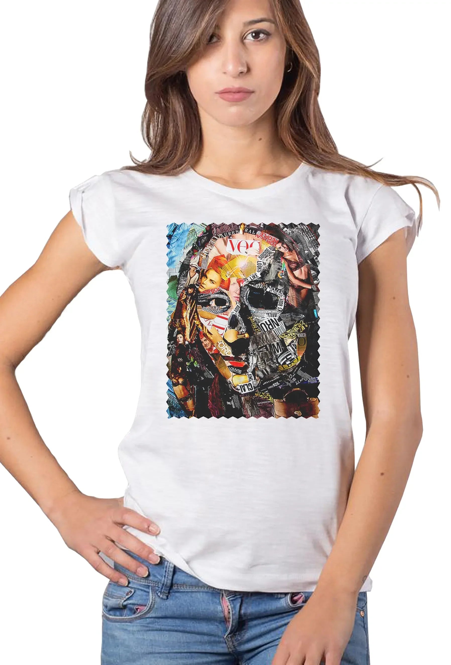 T-shirt Donna cotone biologico bianca con stampa artistica esclusiva in alta definizione.
