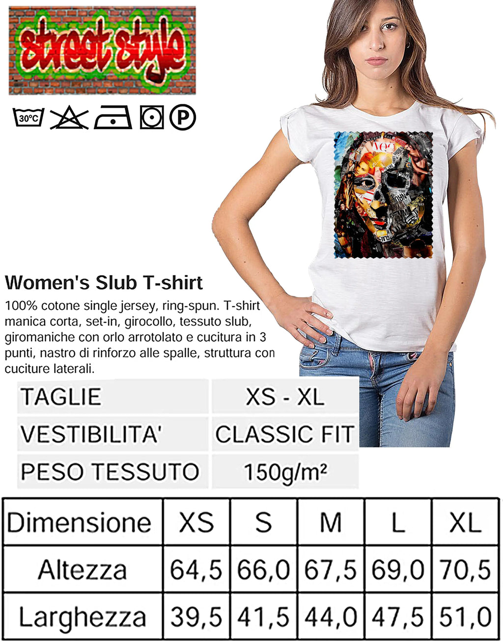 T-shirt donna cotone biologico STREET STYLE con design artistico, manica corta e tessuto morbido di alta qualità.