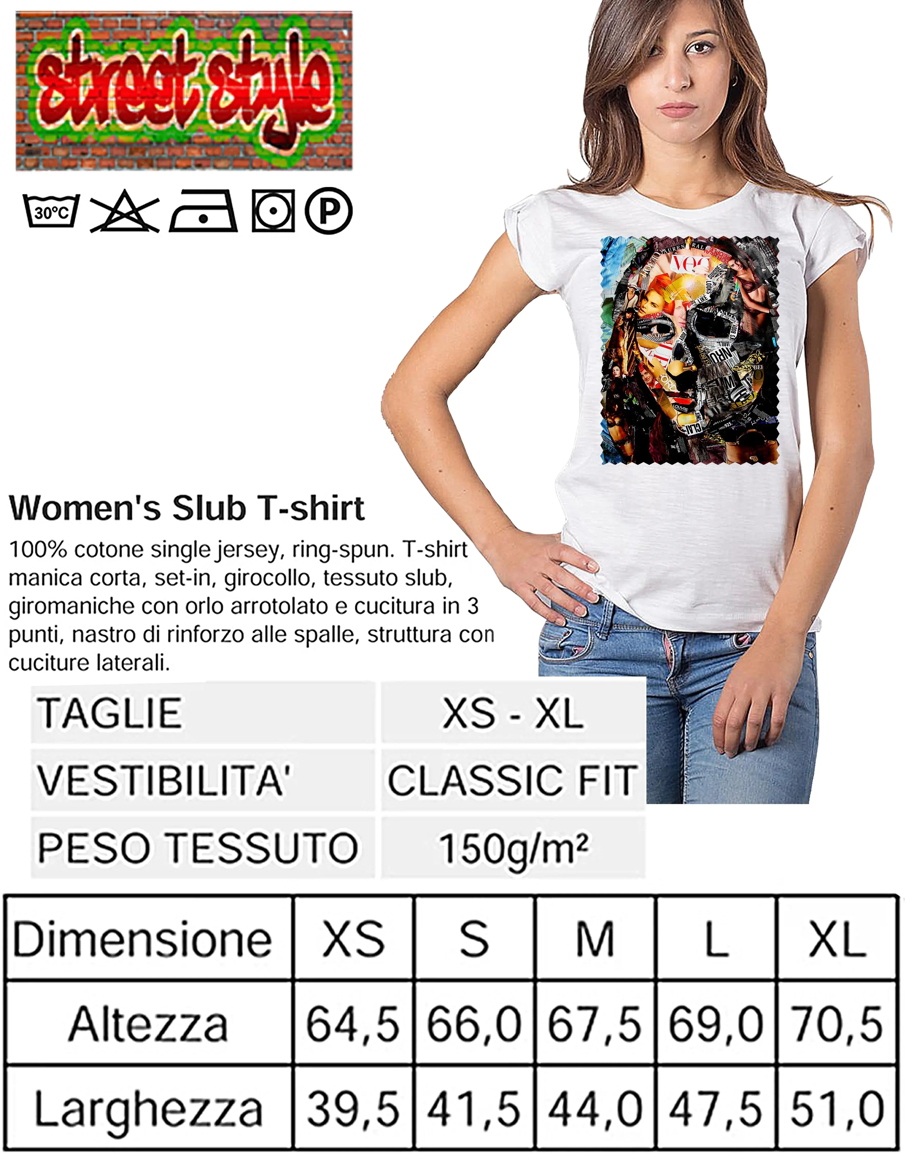 T-shirt donna cotone biologico STREET STYLE con design artistico, manica corta e tessuto morbido di alta qualità.