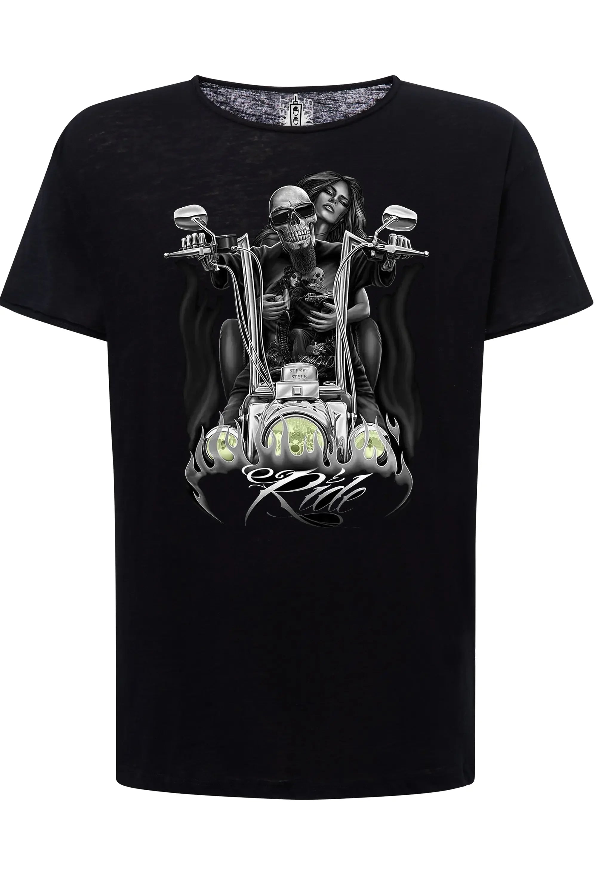 t-shirt uomo tattoo skull con stampa audace di teschio e figura femminile su fondo nero