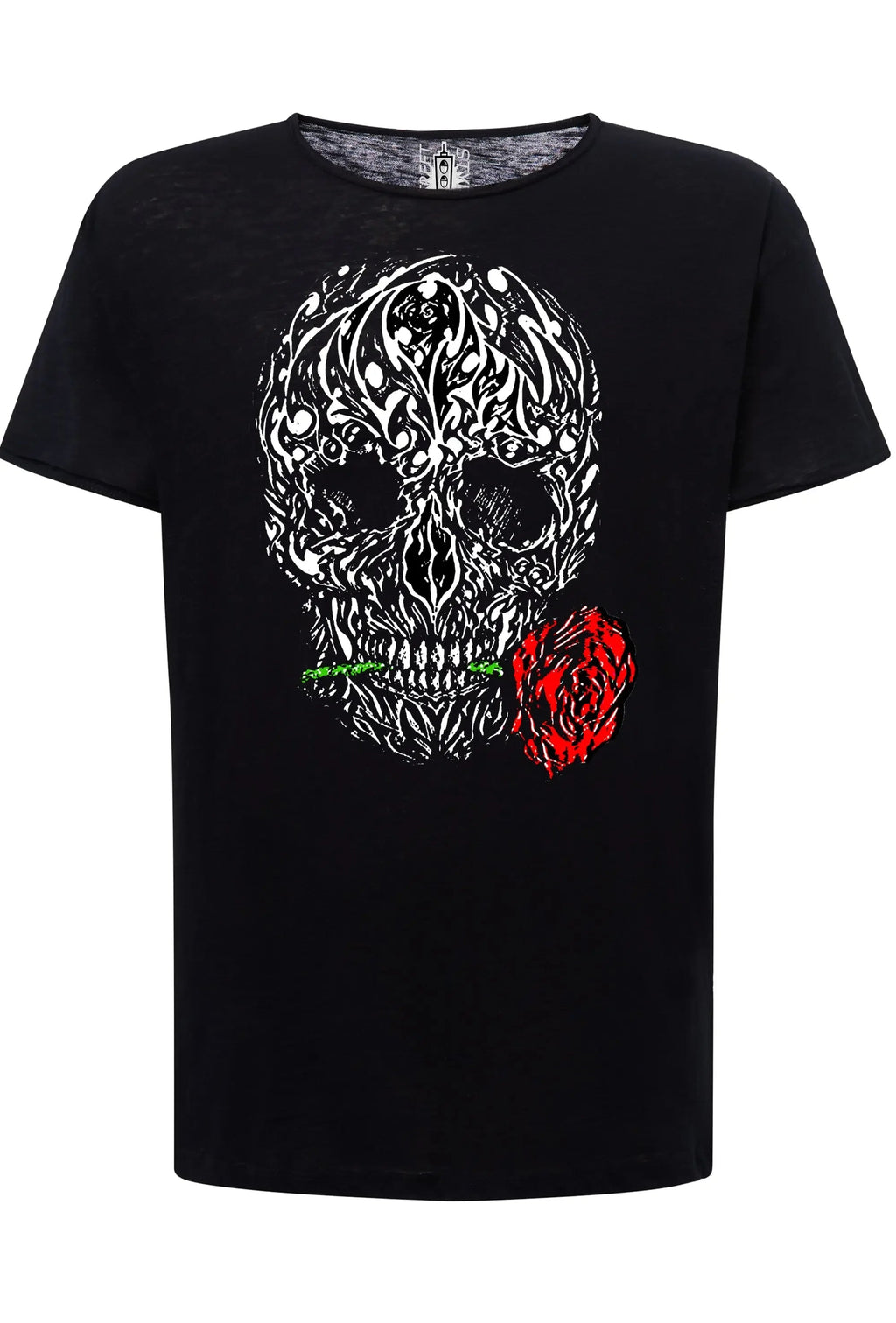 T-shirt uomo street style cotone con grafica teschio e rosa, 100% cotone fiammato, morbida e resistente.