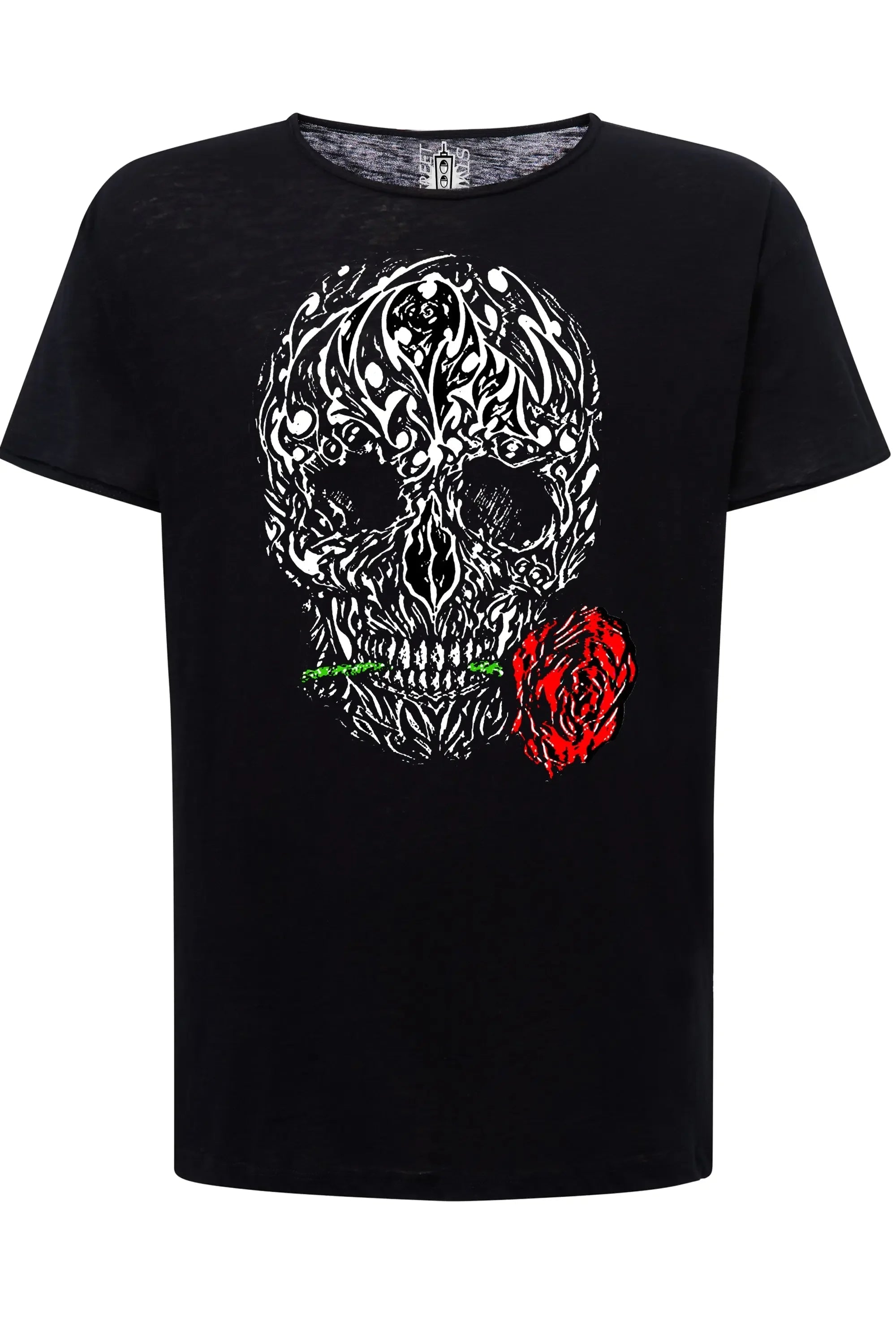 T-shirt uomo street style cotone con grafica teschio e rosa, 100% cotone fiammato, morbida e resistente.