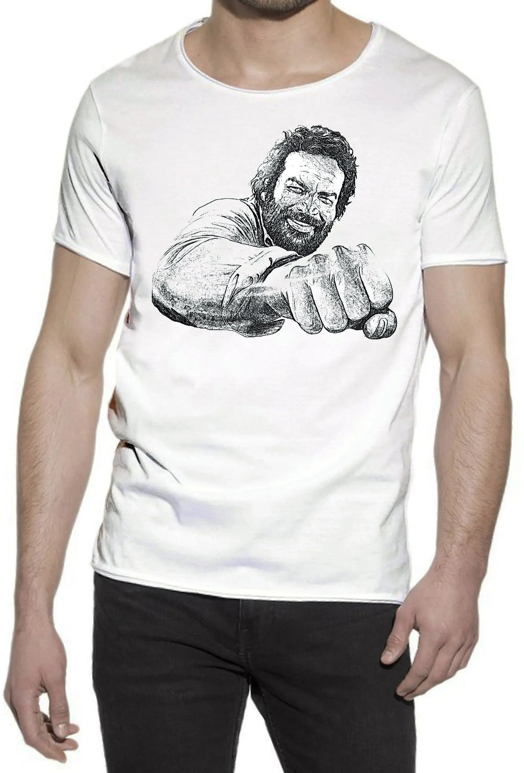 T-shirt Bud Spencer uomo con grafica pugno stilizzato, realizzata in cotone fiammato morbido e traspirante.