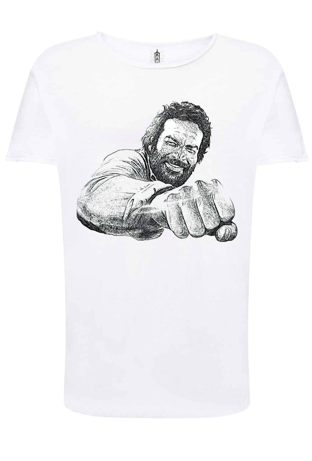 T-shirt Bud Spencer uomo con grafica pugno stilizzato su fondo bianco, 100% cotone fiammato.