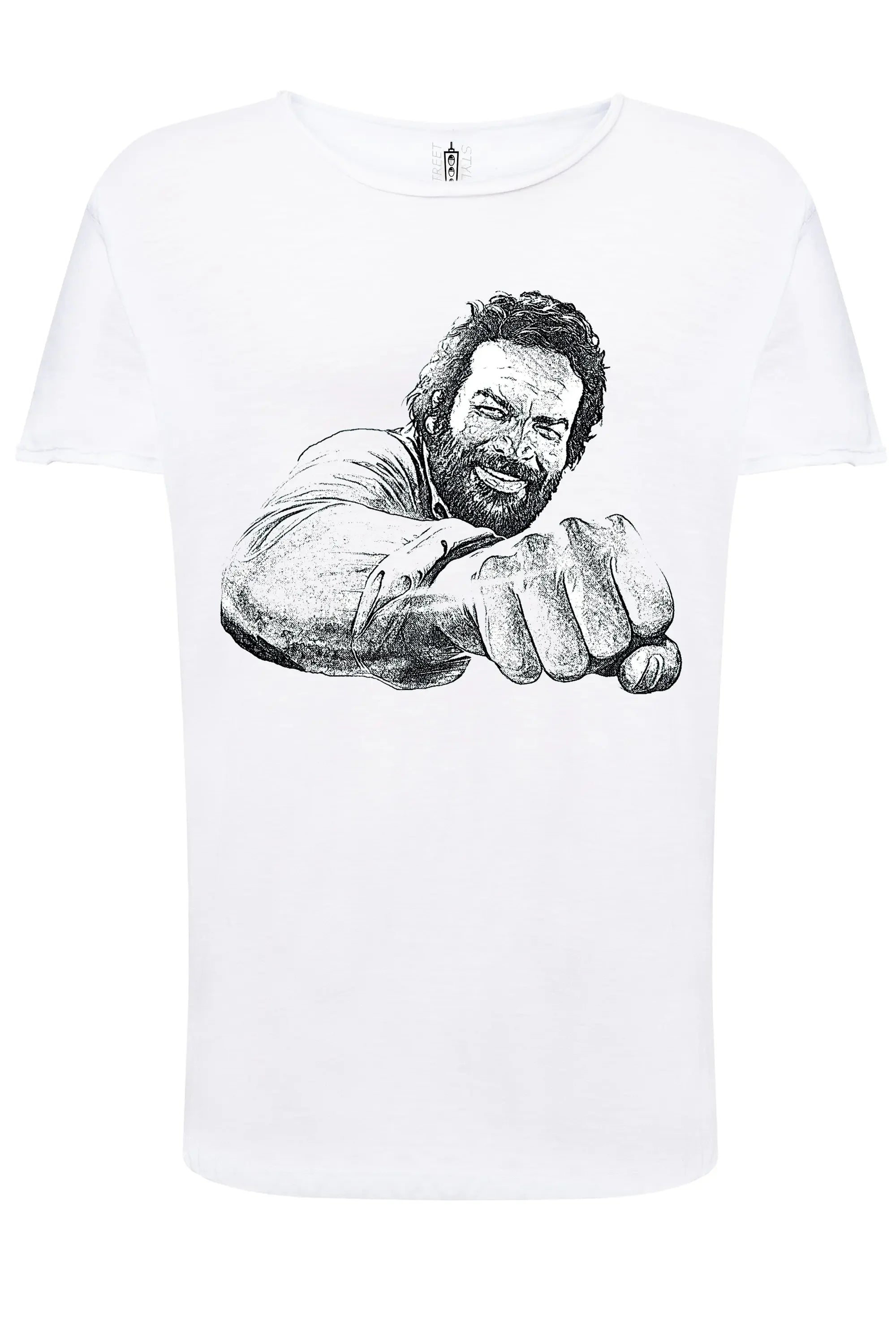 T-shirt Bud Spencer uomo con grafica pugno stilizzato su fondo bianco, 100% cotone fiammato.