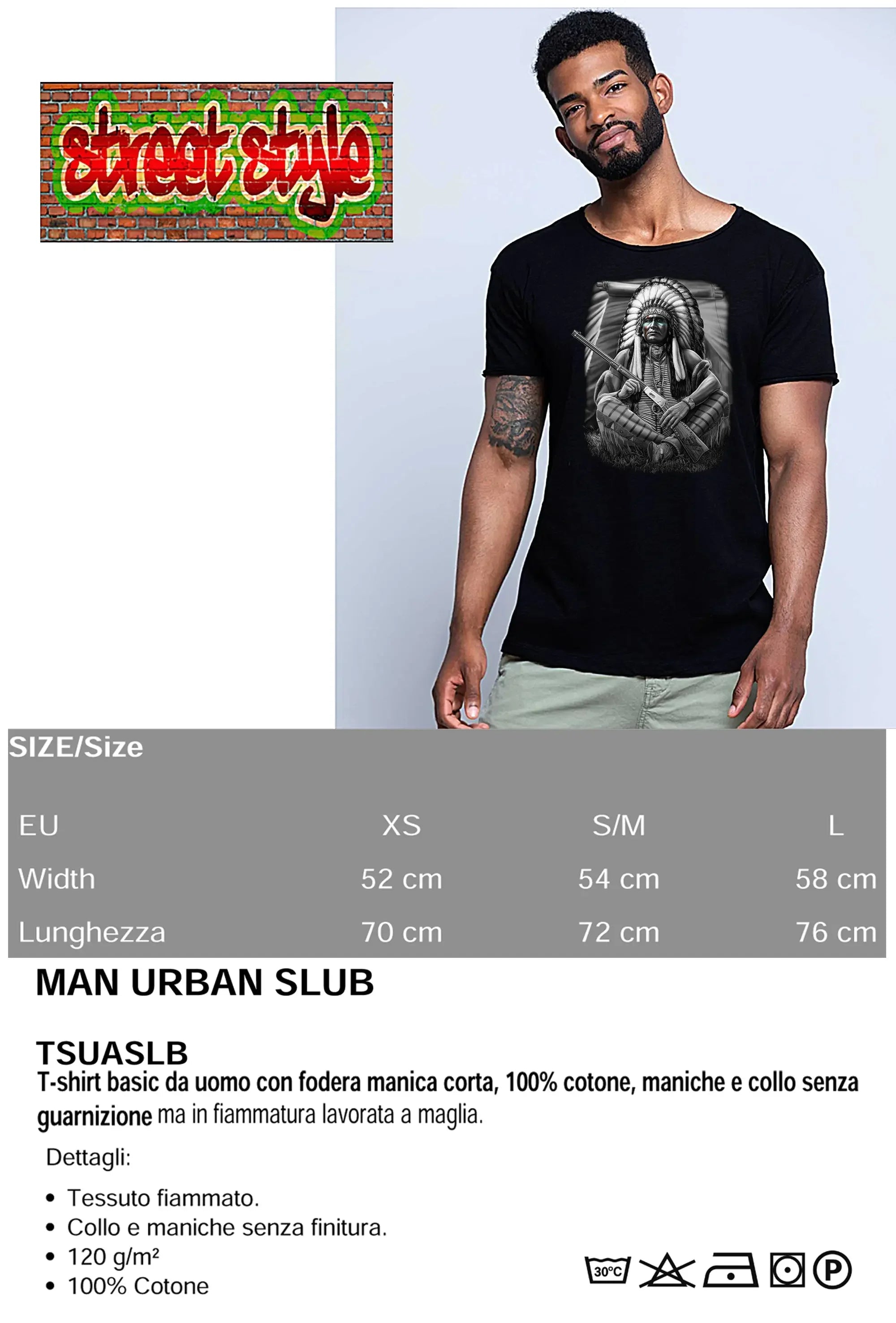 T-shirt con teschio tattoo uomo, t-shirt Urban Slub, stile streetwear, tessuto 100% cotone biologico