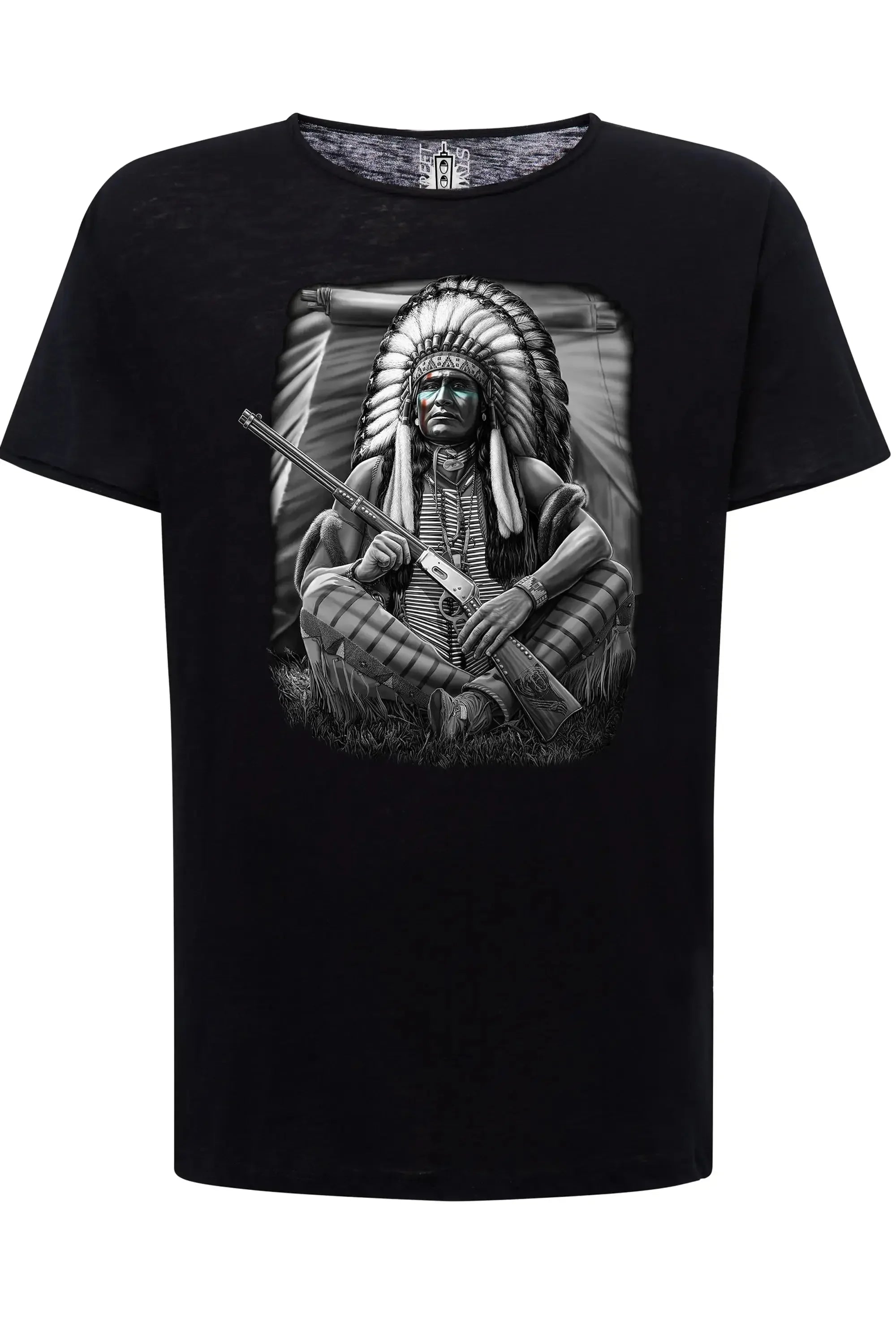 t-shirt uomo tattoo skull con grafica di un capo indiano in bianco e nero su sfondo nero
