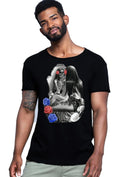 t-shirt uomo tattoo skull con grafica di scheletro e rose, realizzata in cotone fiammato biologico
