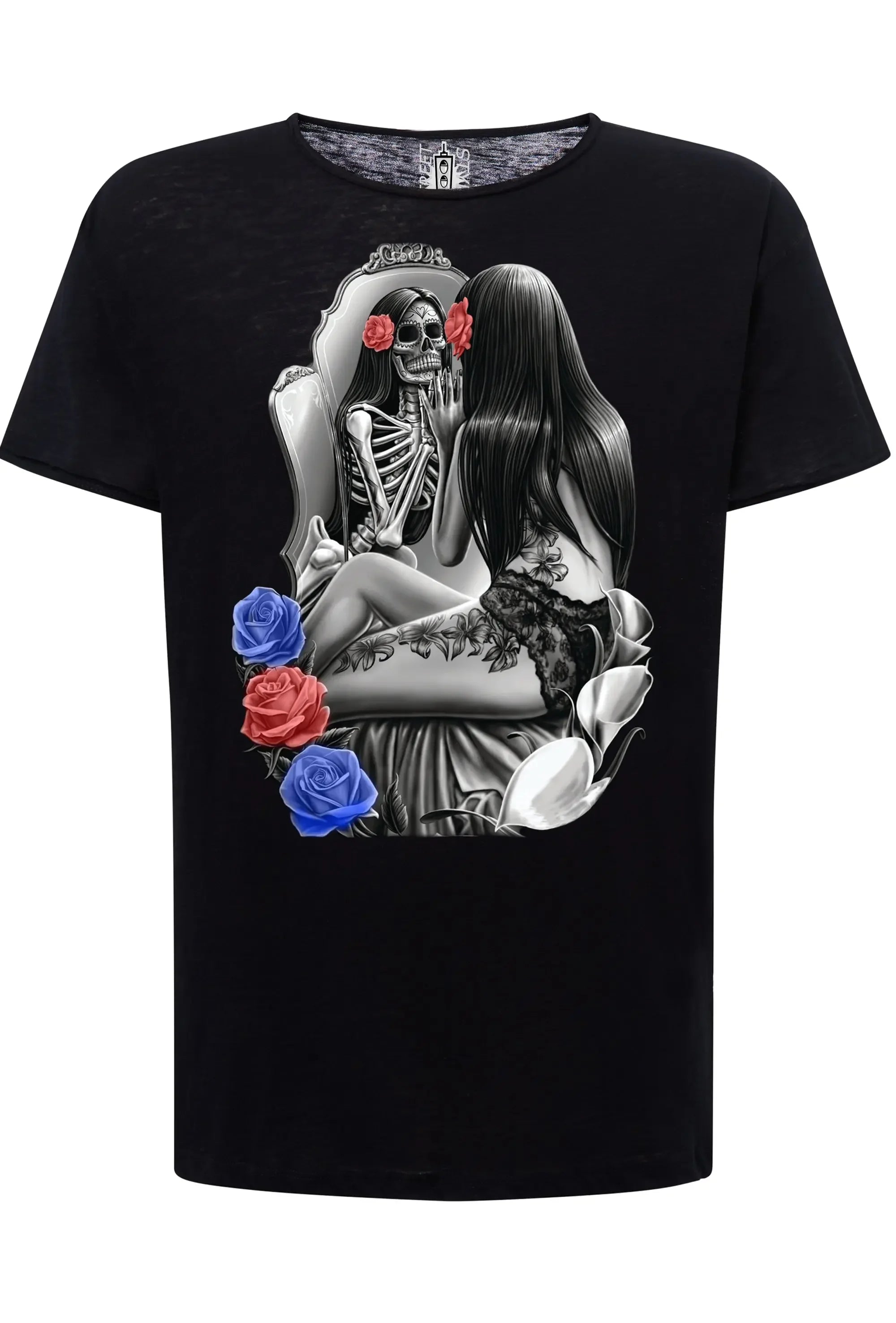 t-shirt uomo tattoo skull con grafica di scheletro e donna, in cotone fiammato, freschezza e comfort.