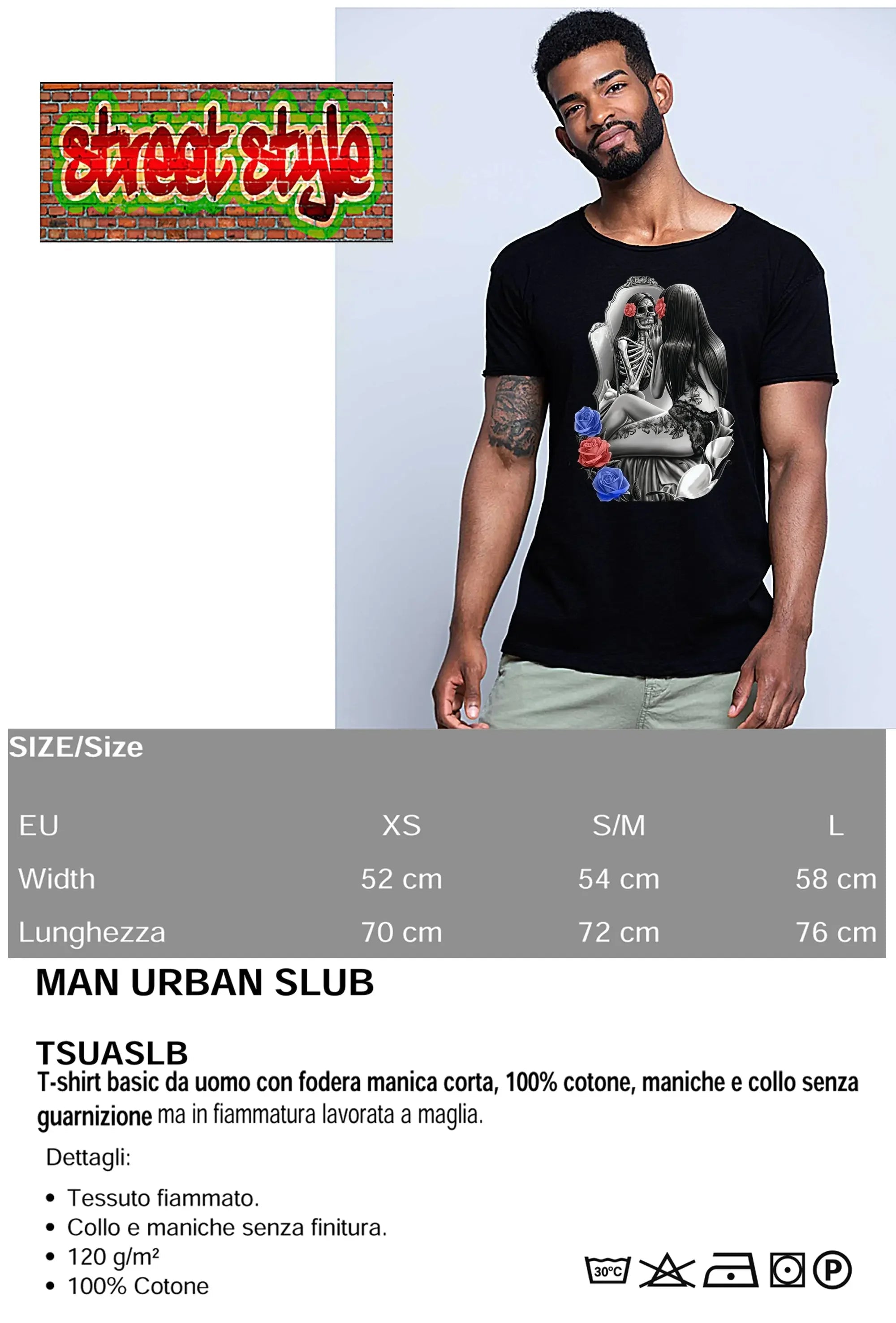 t-shirt uomo tattoo skull con grafica impattante e comfort in 100% cotone fiammato, stile streetwear.