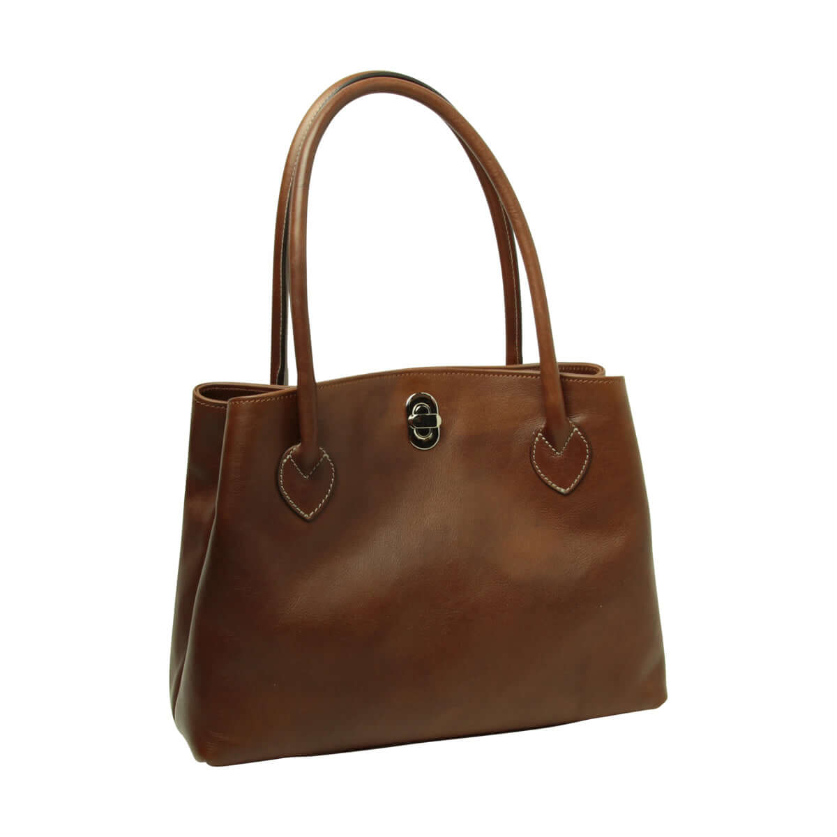 Borsa donna pelle bicolore due manici in pelle pieno fiore color castagna con chiusura a girello.