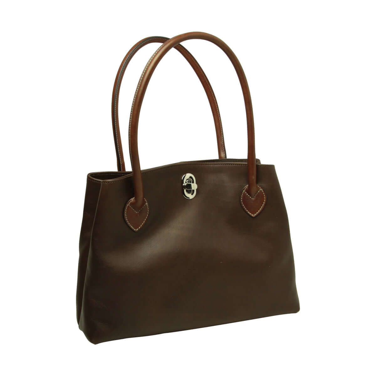 Borsa donna pelle bicolore due manici in pelle pieno fiore marrone scuro con chiusura a girello.