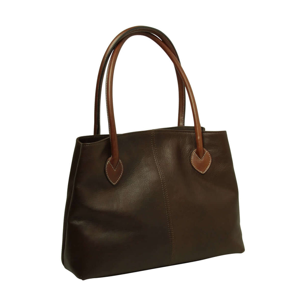 Borsa donna pelle bicolore due manici in pelle pieno fiore marrone scuro con dettagli eleganti.