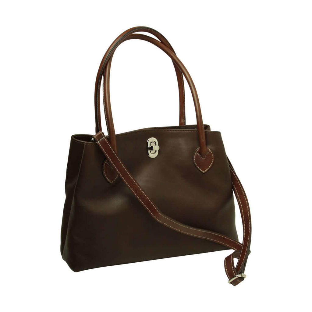 borsa donna pelle bicolore due manici in pelle pieno fiore marrone scuro con chiusura a girello