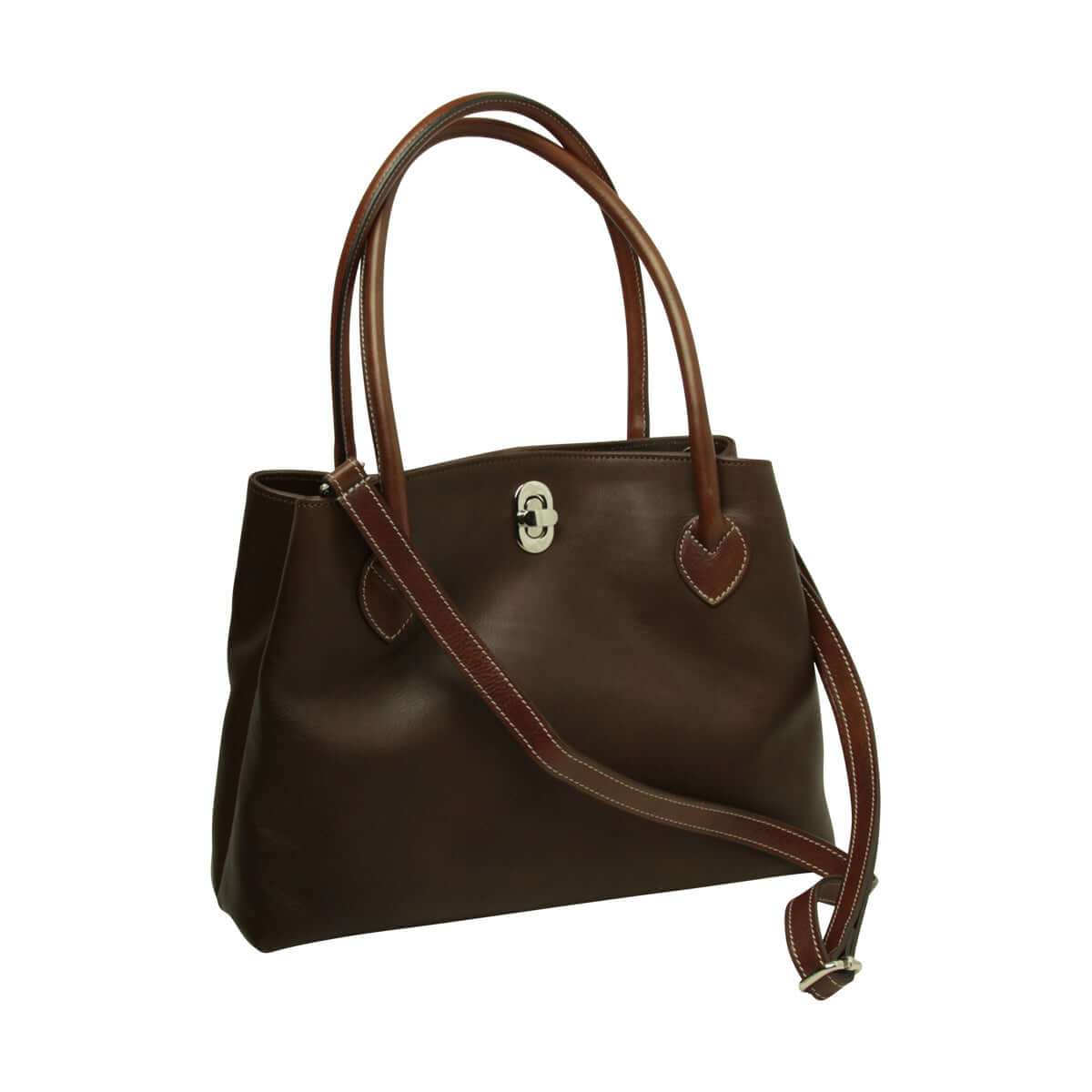 borsa donna pelle bicolore due manici in pelle pieno fiore marrone scuro con chiusura a girello