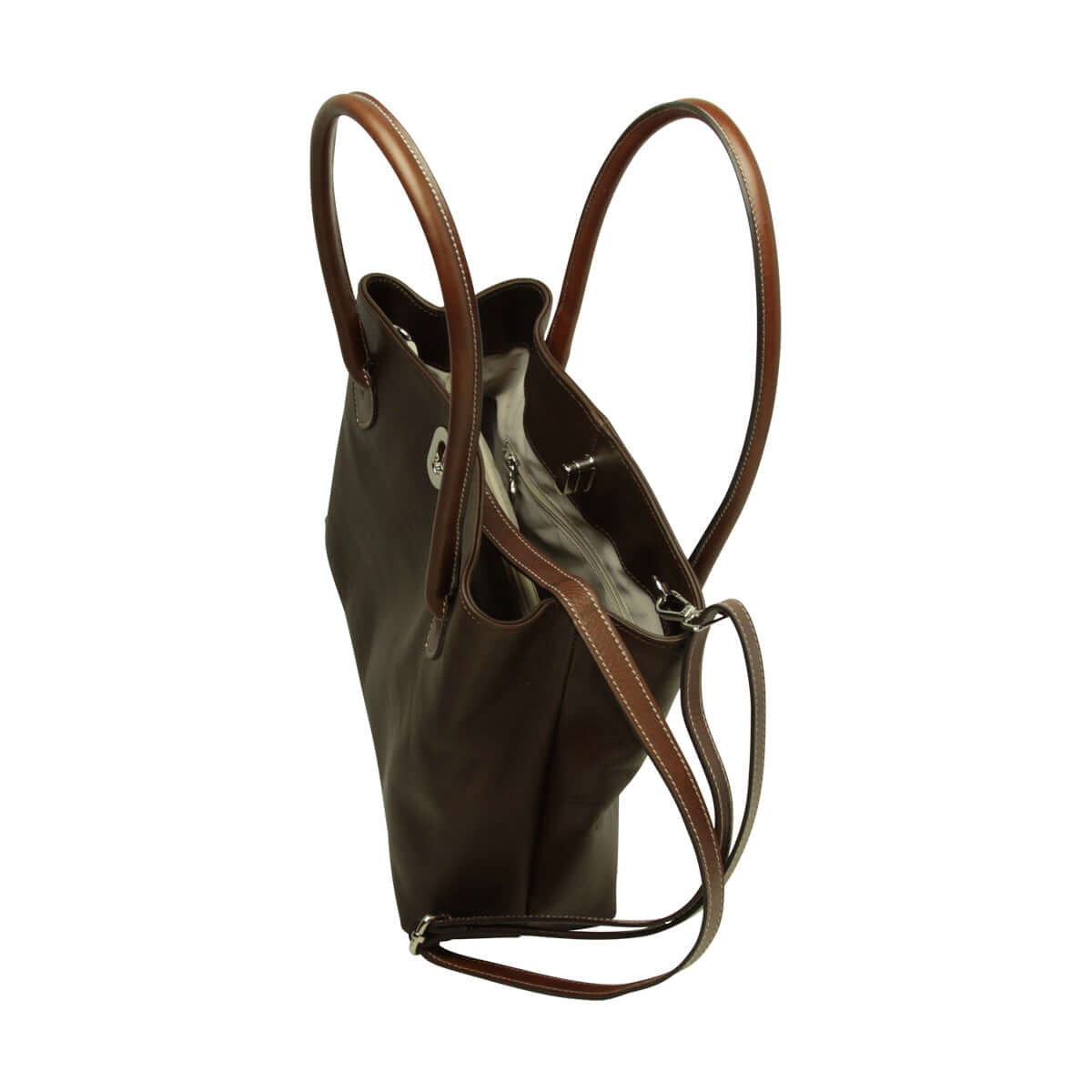 Borsa donna pelle bicolore due manici in pelle pieno fiore marrone scuro, vista laterale con manici.
