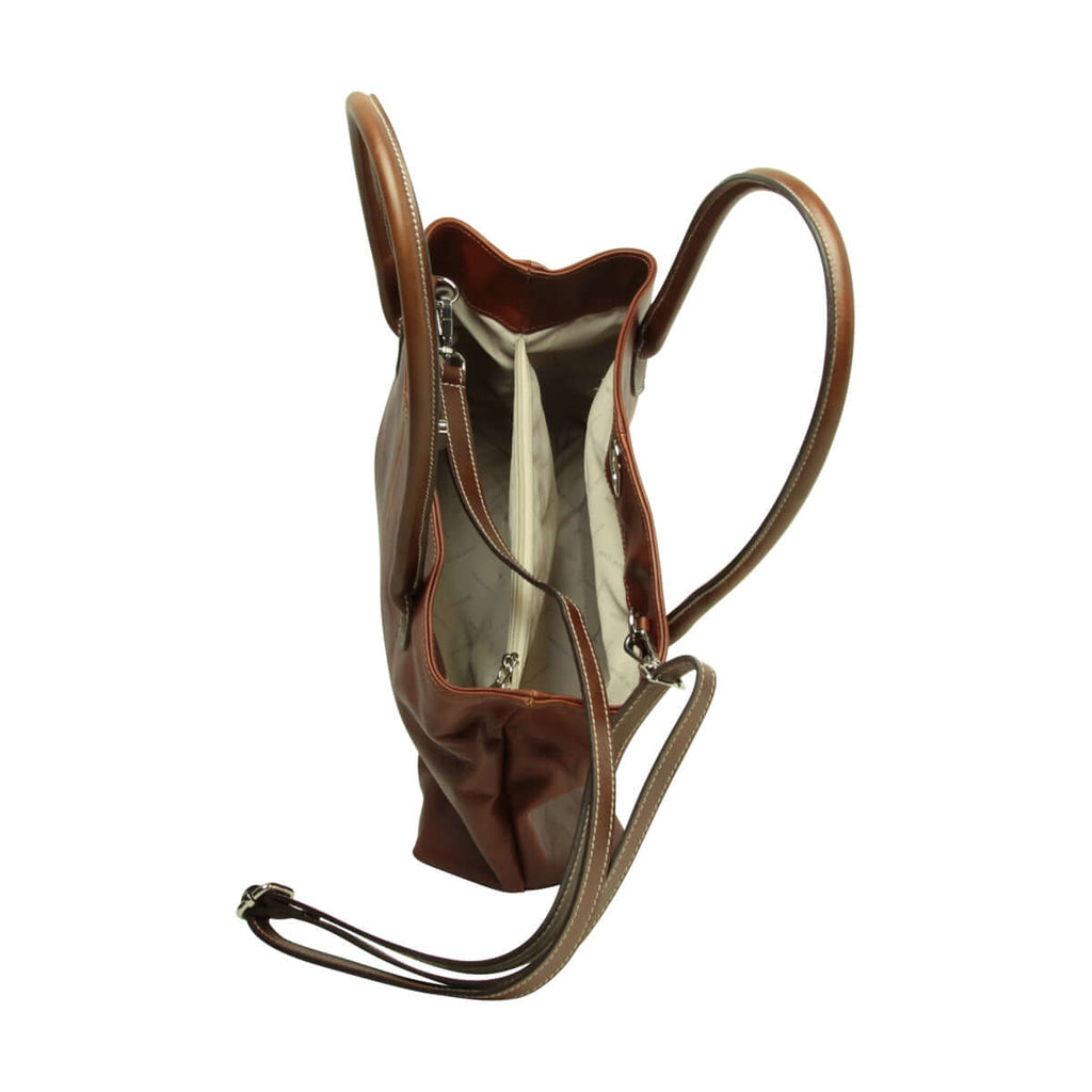 Borsa donna due manici pelle bicolore vista interna con tasche e tracolla regolabile.
