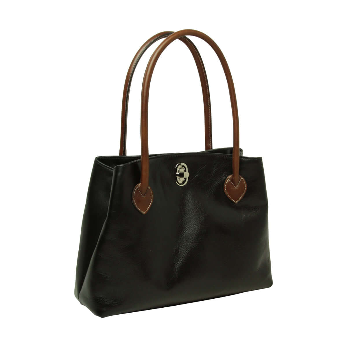 Borsa donna bicolore pelle pieno fiore, borsa a due manici in pelle con chiusura girello, made in Italy.