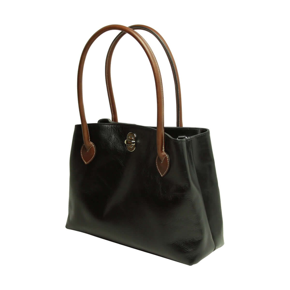 Borsa donna bicolore pelle pieno fiore con manici, chiusura girello, Made in Italy.