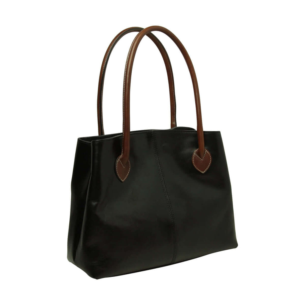 Borsa da donna bicolore in pelle pieno fiore con due manici in pelle, chiusura con girello e tracolla removibile.