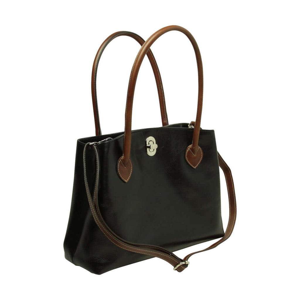 Borsa donna bicolore pelle pieno fiore con manici e tracolla regolabile, chiusura girello, Made in Italy.