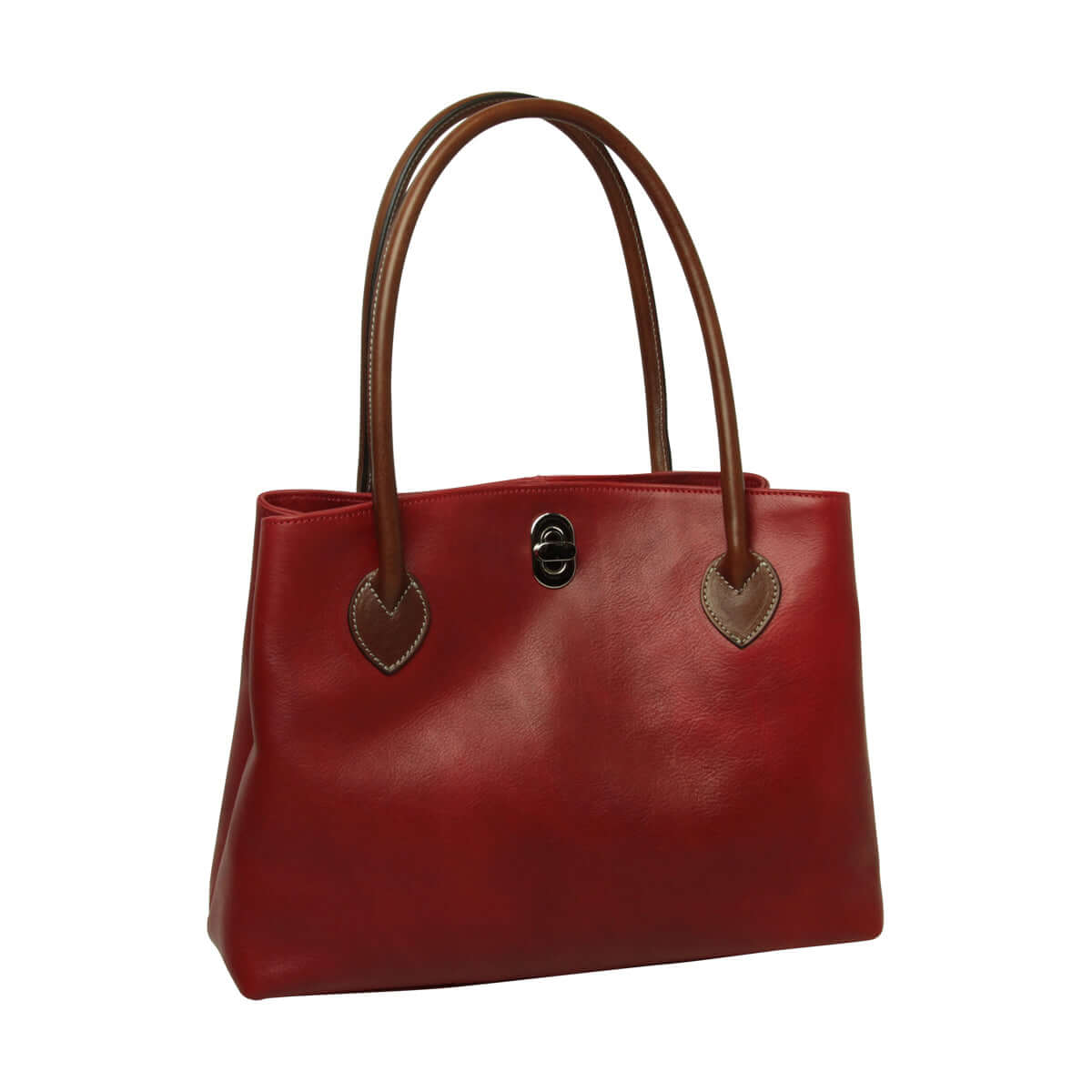 Borsa donna bicolore pelle pieno fiore rossa con manici e chiusura a girello, Made in Italy.