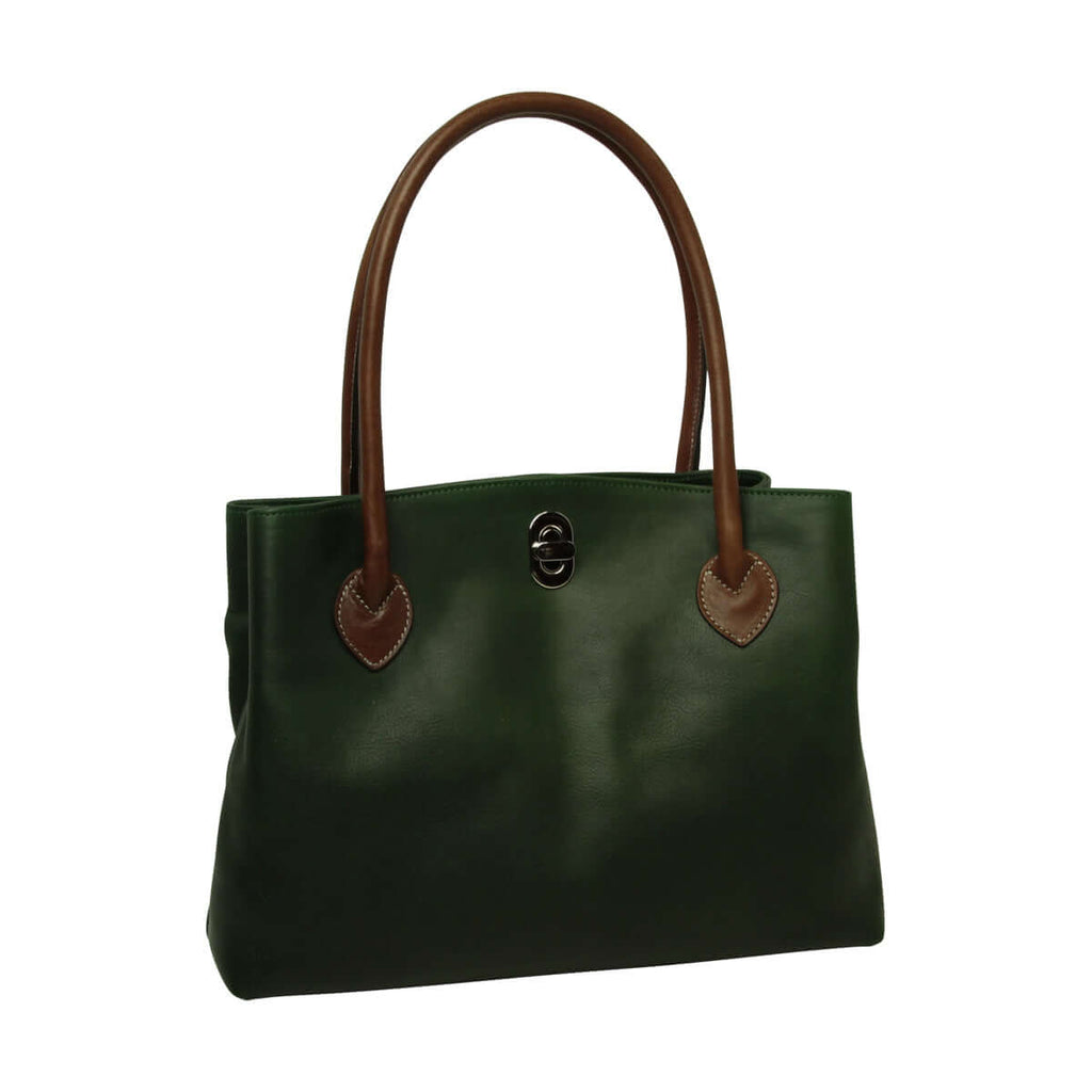Borsa da donna pelle bicolore verde a due manici con chiusura girello, made in Italy, design elegante.