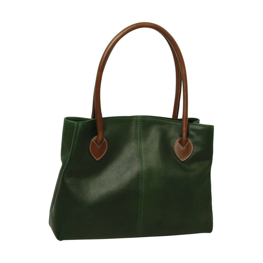 Borsa donna pelle bicolore verde a due manici in pelle pieno fiore, chiusura con girello, made in Italy.