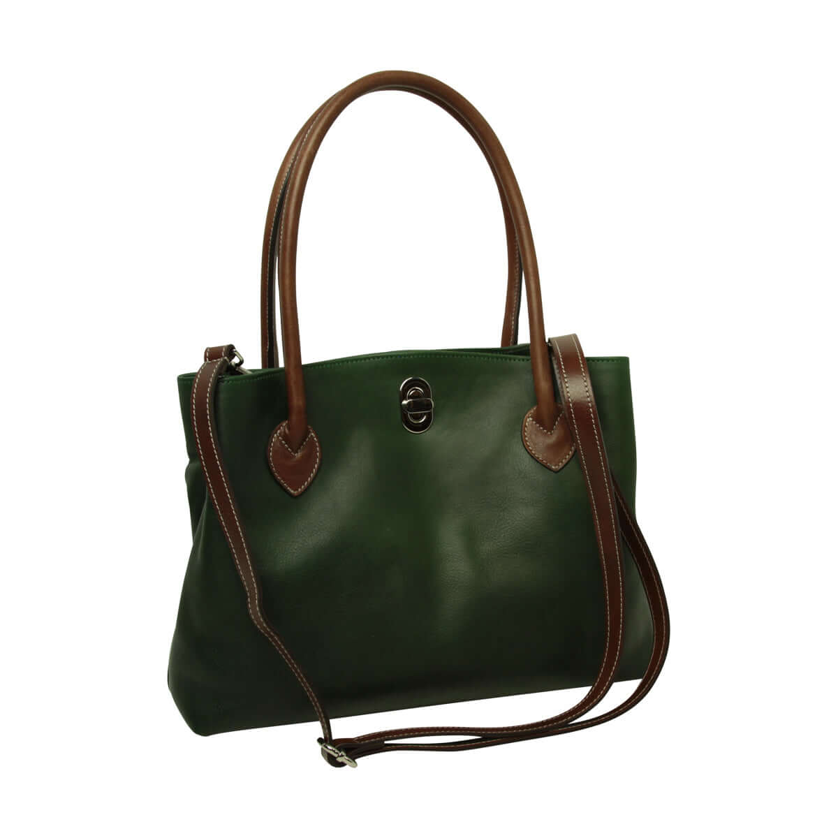 Borsa donna pelle bicolore a due manici, in pelle pieno fiore verde con tracolla regolabile.