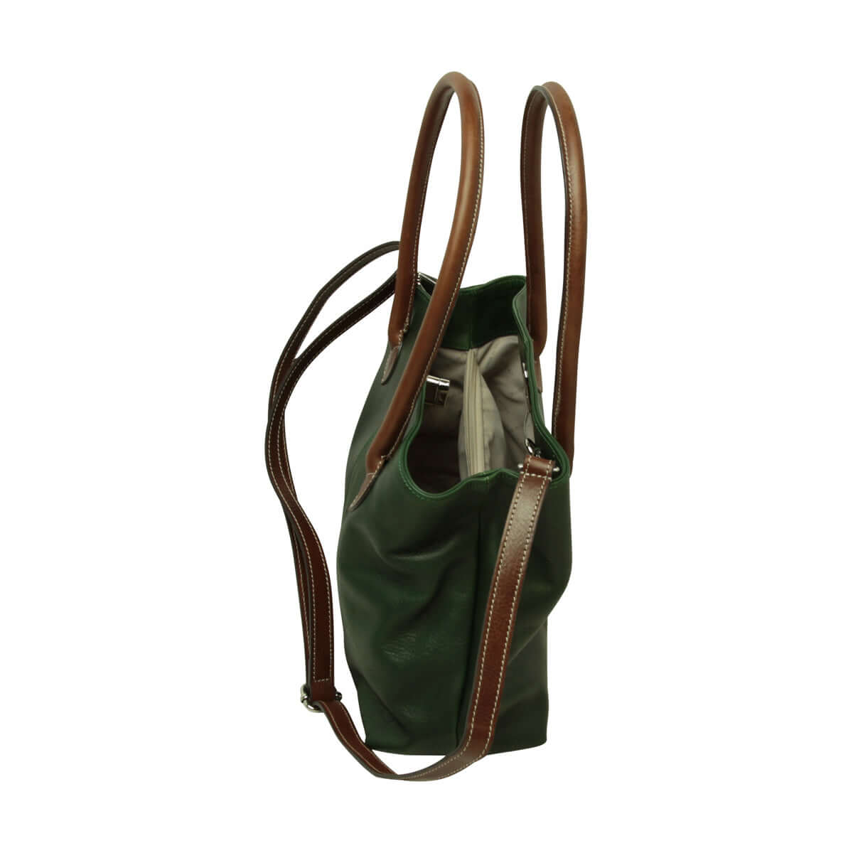Borsa donna pelle bicolore con due manici e tracolla removibile, colore verde, dettagli in pelle marrone.