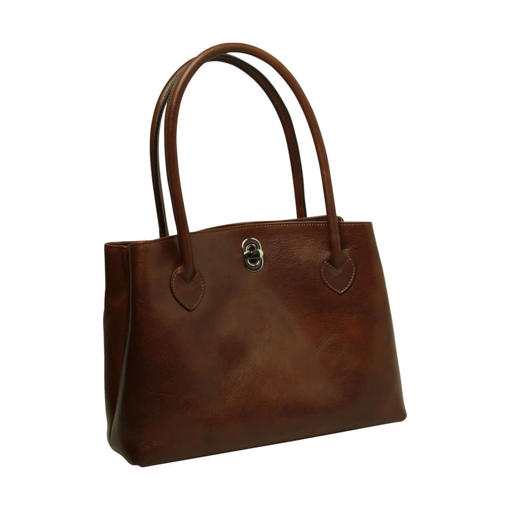 Borsa donna pelle pieno fiore marrone con due manici e chiusura a girello, Made in Italy.