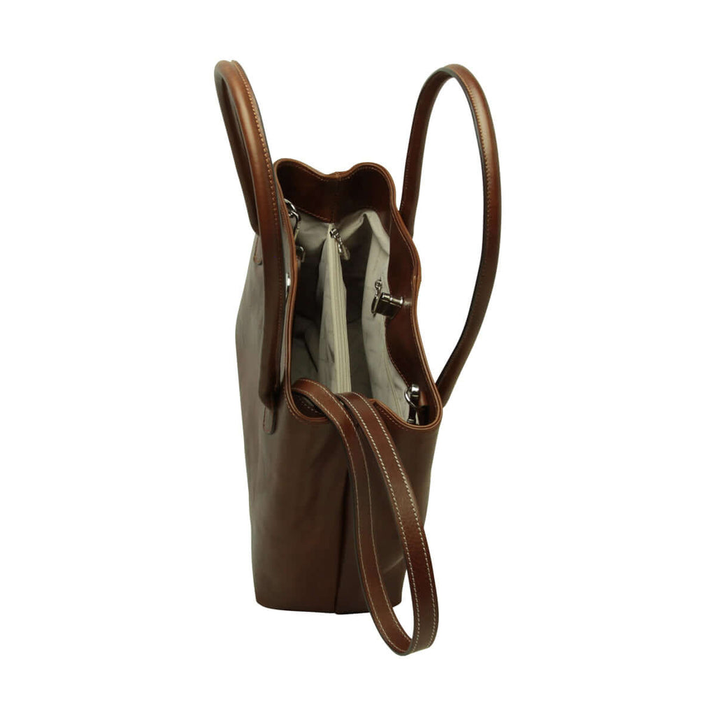 Borsa donna pelle pieno fiore marrone vista interna con scomparti e tracolla removibile.