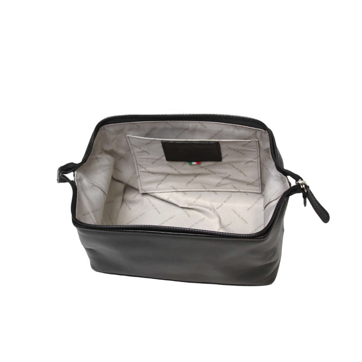 Beauty case in pelle nero con zip e fodera interna grigia