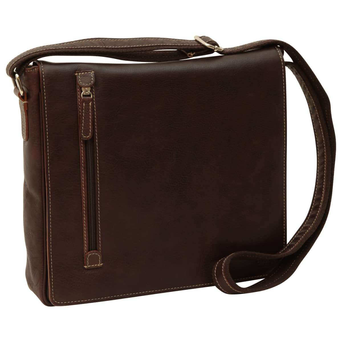 Borsa Messenger in pelle marrone scuro con tasca esterna e tracolla regolabile, 31 x 28 x 8 cm.