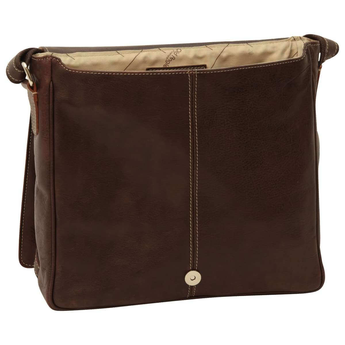 Borsa messenger pelle marrone, realizzata in vera pelle di bufalo, con tasche e tracolla regolabile.