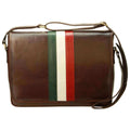 Borsa messenger pelle marrone con striscia tricolore italiana e tracolla regolabile.