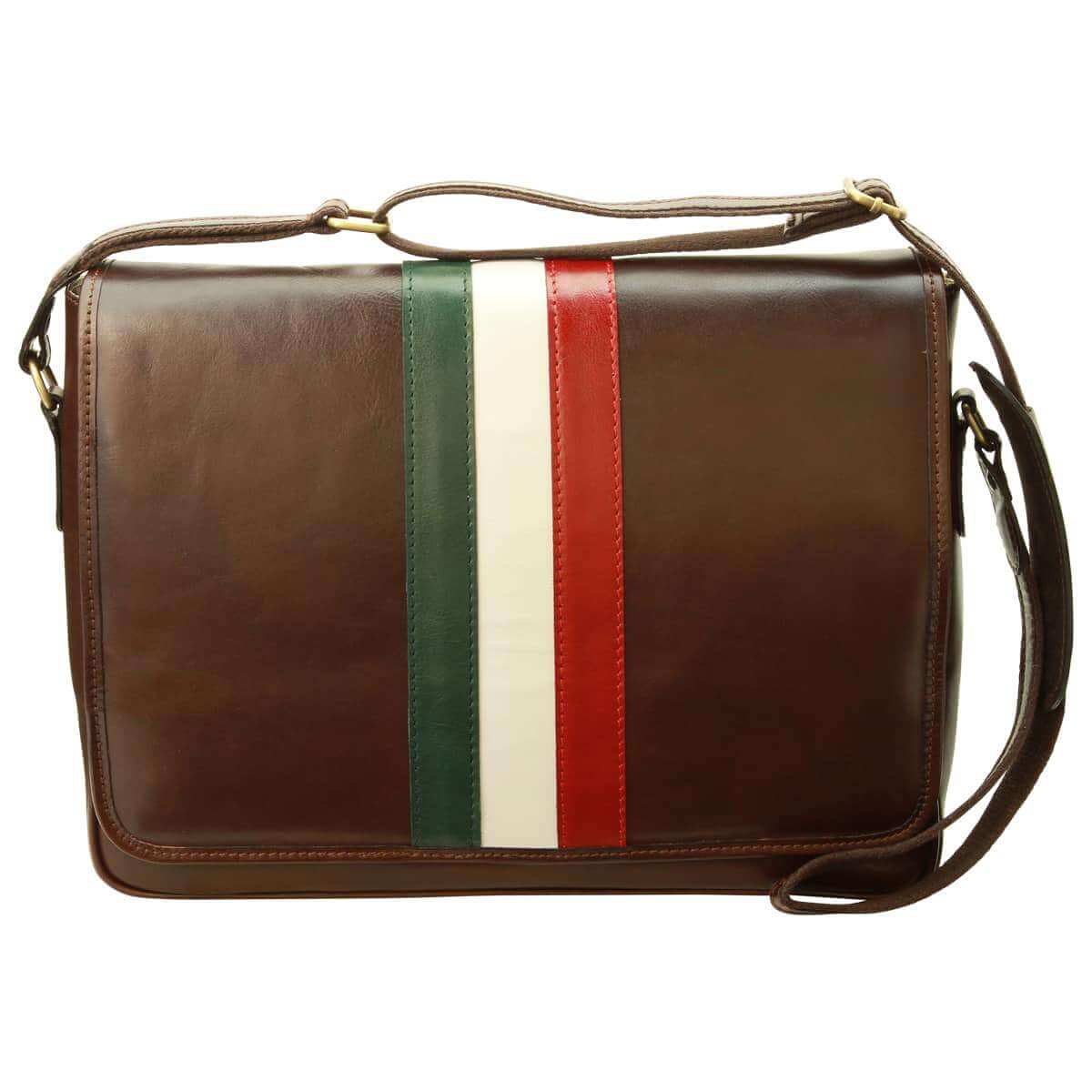 Borsa messenger pelle marrone con striscia tricolore italiana e tracolla regolabile.