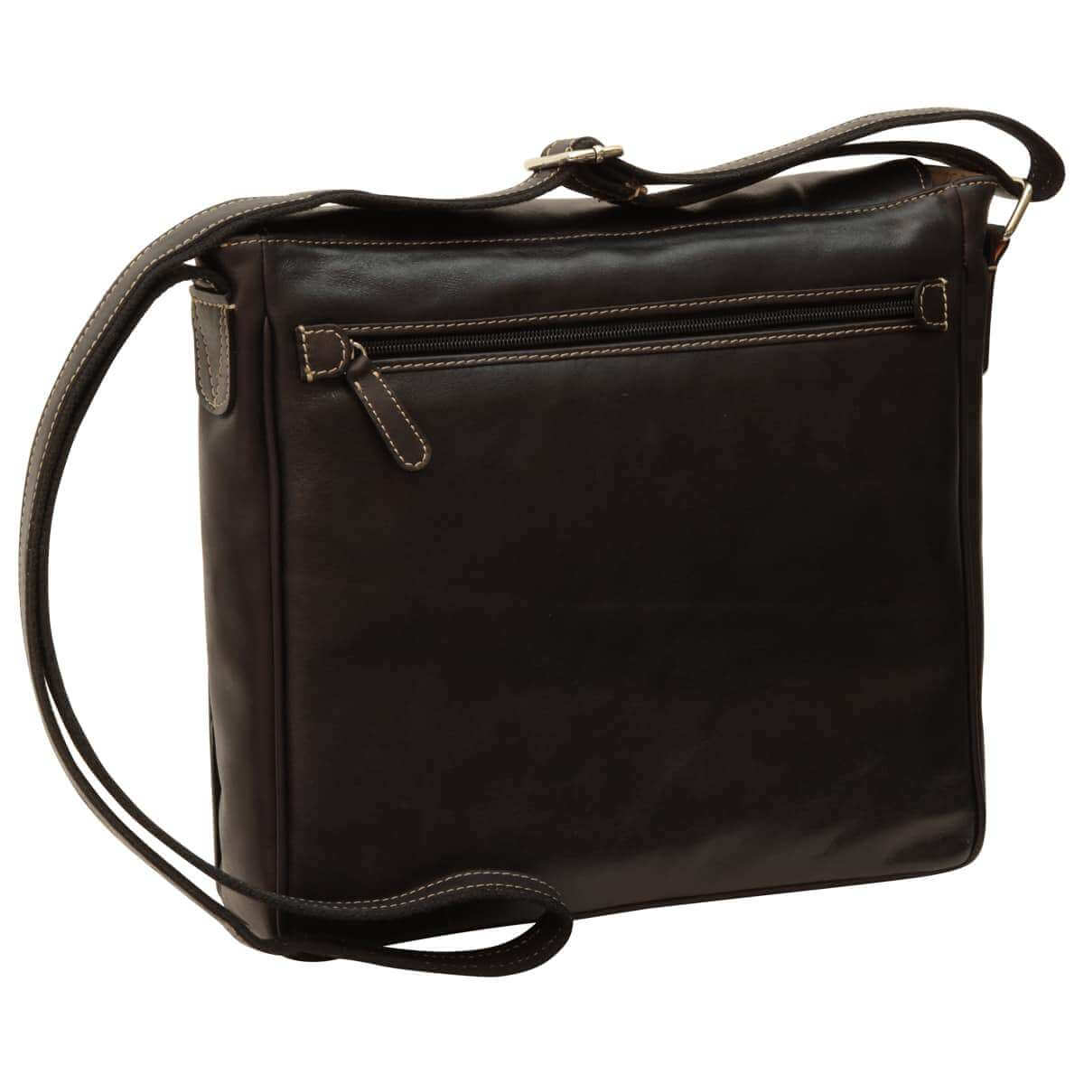 Borsa messenger in pelle di bufalo, nera, con tracolla regolabile e tasca esterna con chiusura lampo.