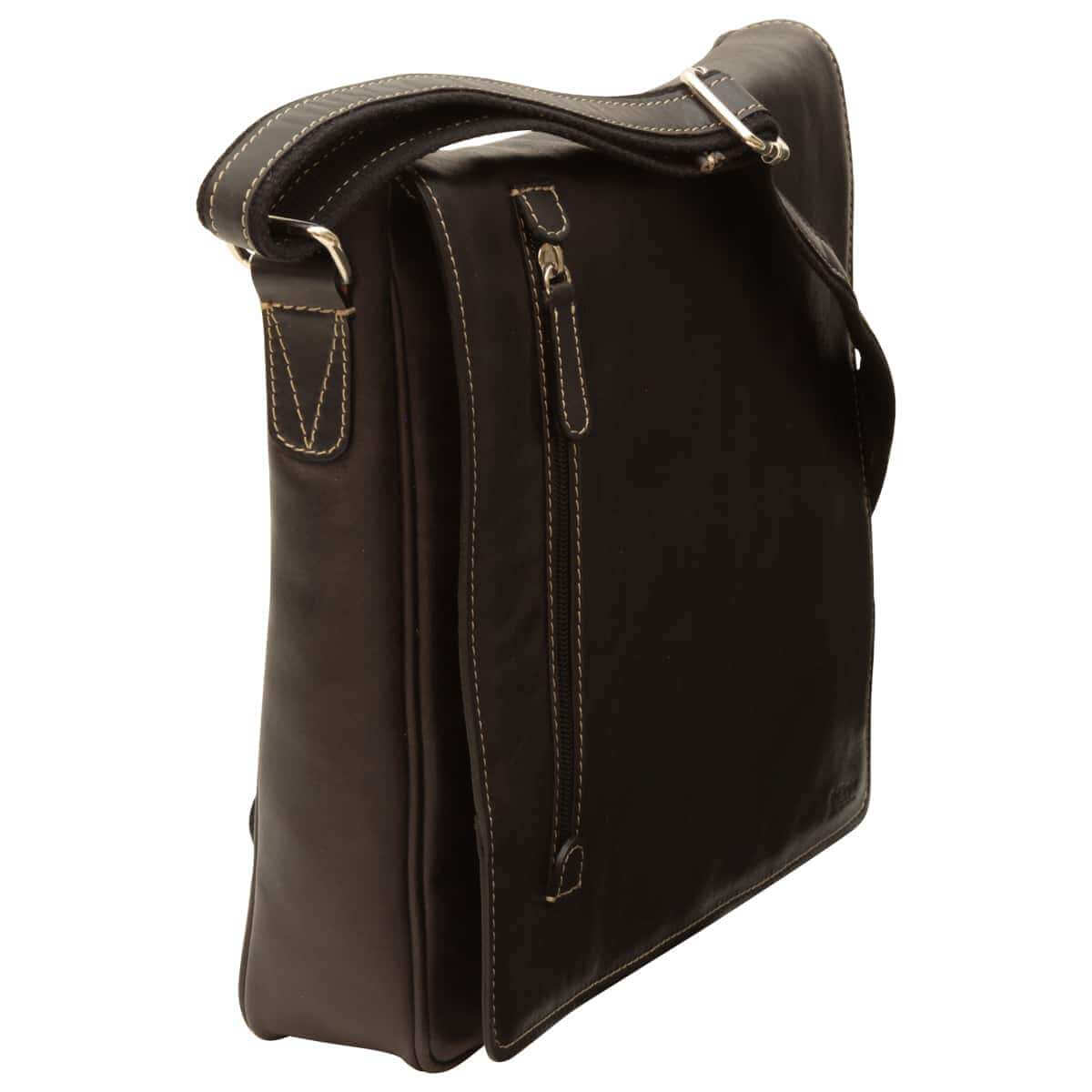 Borsa Messenger in pelle di bufalo, colore nero, con tracolla e tasche con chiusura lampo, design moderno.