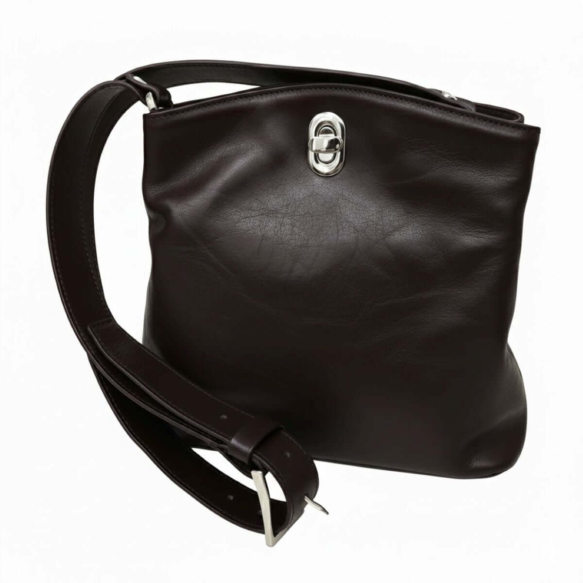 Borsa a secchiello in pelle Marrone Scuro con manico in pelle e chiusura in metallo.