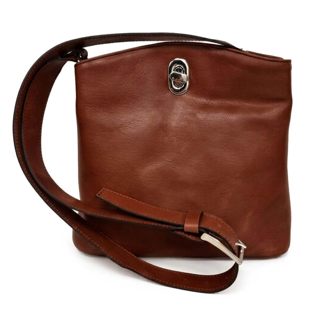 Borsa a secchiello in pelle Marrone con manico in pelle lucida e chiusura metallica.